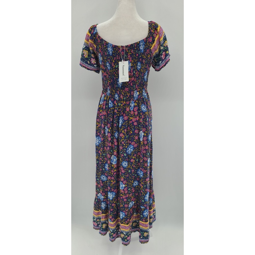 Babydoll Bohemian Western Maxi Dress M Floral Flounce Smocked Ruched Blue NWT - Picture 3 of 13